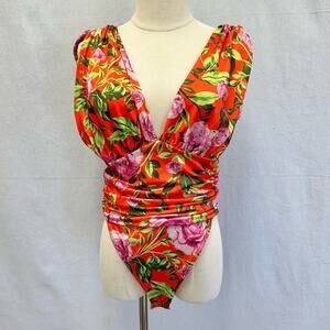 Zara Floral Printed Draped Bodysuit High Cut in Red/Pink Size medium New NWT
